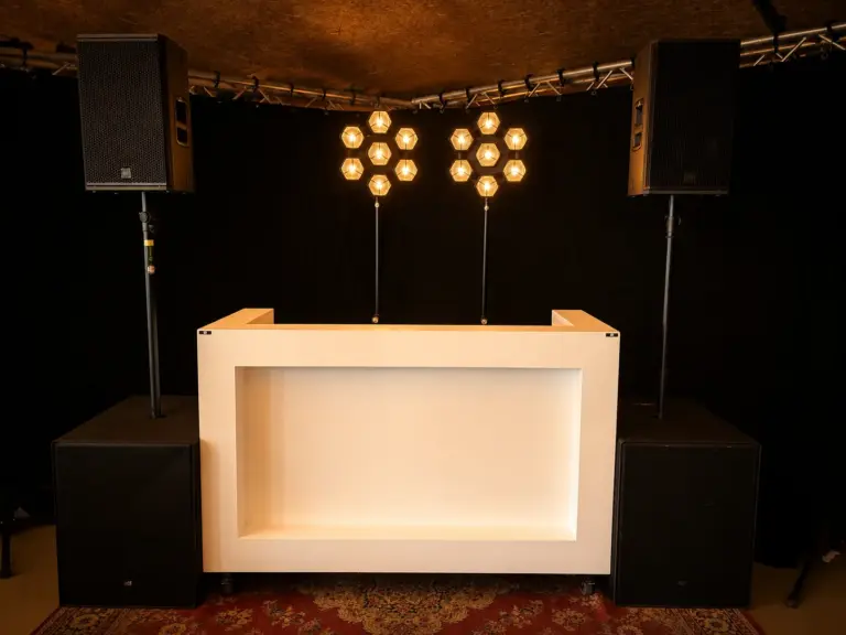 Witte DJ-booth met twee RCF KX-32A tops op subs en twee retrolampen, te huur bij dre-events