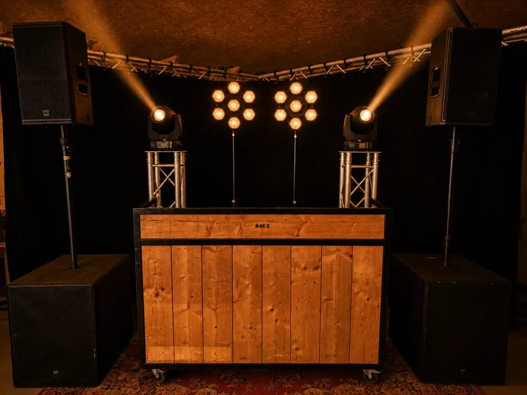 Houten DJ-booth met RCF KX-32A speakerset, retrolampen en twee moving heads op truss, te huur bij dre-events